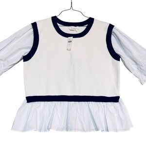 Anthropologie Puff Sleeve Knit Peplum Blouse Top White Black Trim Layered XL NWT